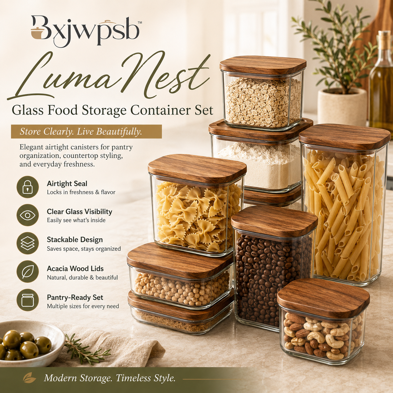 Bxjwpsb™ LumaNest Glass Food Storage Containers with Acacia Wood Lids — Airtight Stackable Pantry Canister Set for Pasta, Coffee, Flour, Cereal, Snacks & Kitchen Organization
