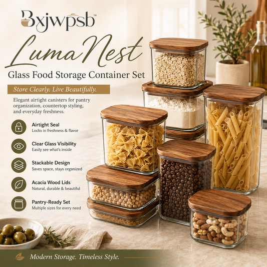 Bxjwpsb™ LumaNest Glass Food Storage Containers with Acacia Wood Lids — Airtight Stackable Pantry Canister Set for Pasta, Coffee, Flour, Cereal, Snacks & Kitchen Organization