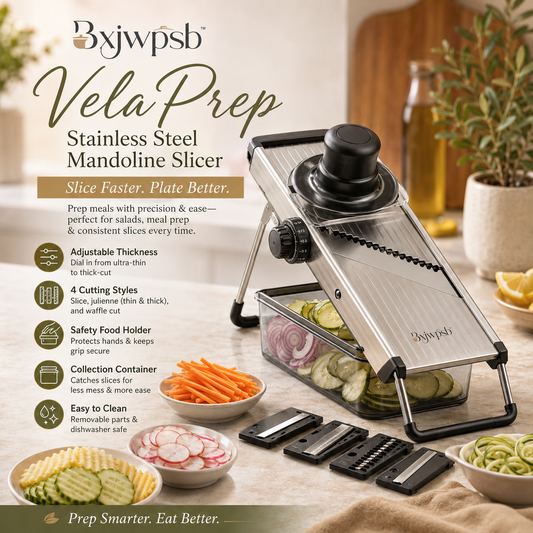 Bxjwpsb™ VelaPrep Adjustable Stainless Steel Mandoline Slicer — Professional Vegetable Cutter with Julienne Blades, Safety Food Holder & Collection Container for Meal Prep