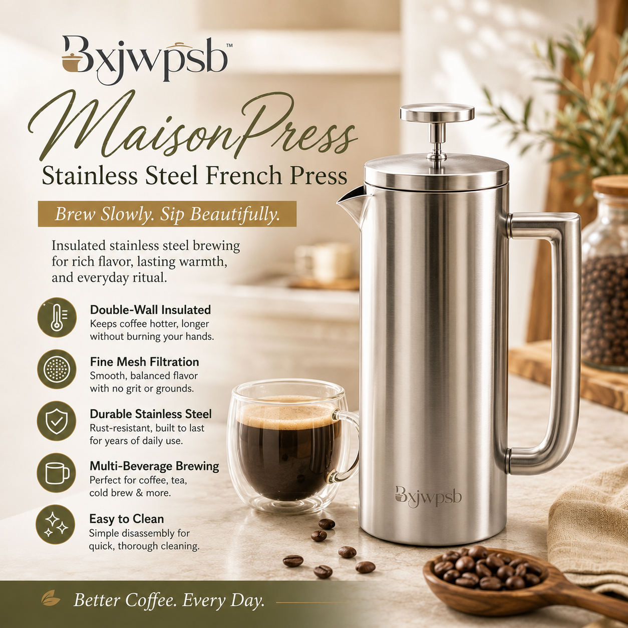 Bxjwpsb™ MaisonPress Double-Wall Stainless Steel French Press Coffee Maker — Insulated Manual Coffee Brewer with Fine Mesh Filter for Hot Coffee, Cold Brew & Loose-Leaf Tea